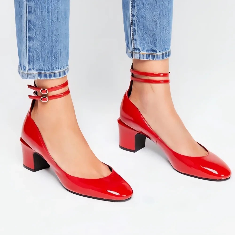 Free People Lana Red Patent Leather Block Heel Pumps Women's Size 38 US 8